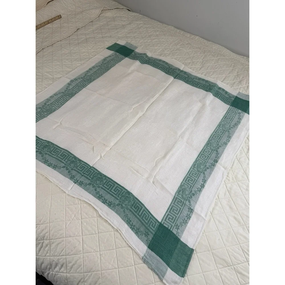 Vintage Linen Damask Tablecloth 32x32 Green Greek Key Floral Border